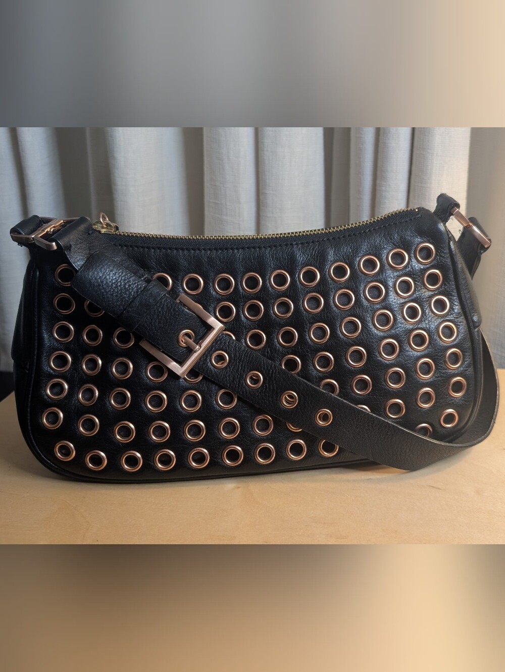 Edgy Real Leather Black and Rose Gold Grommet Eyelet Shoulder Bag